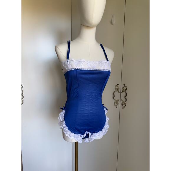 Vintage Lingerie Teddy Size Small/4-6 Navy White Lace Trim Sexy Romantic Tank - Picture 6 of 6